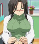  1girl black_hair breasts glasses green_eyes hasegawa_chisato highres huge_breasts long_hair screencap shinmai_maou_no_testament sitting smile solo stitched sweater 