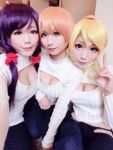 3girls asian breasts cleavage cosplay female looking_at_viewer multiple_girls open-chest_sweater photo sweater 