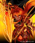  1girl armor attack cape dark_skin female open_mouth redhead ripodpotato solo sword weapon 