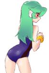  1girl blush from_behind green_hair legs long_hair looking_back pandora_(rockman) red_eyes rockman rockman_zx simple_background solo suteito swimsuit 