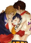  3boys black_hair blonde_hair brothers closed_eyes cravat family freckles glaring highres jolly_roger male_focus monkey_d_luffy multiple_boys one_piece open_clothes open_shirt pirate portgas_d_ace red_shirt sabo_(one_piece) scar shirt siblings simple_background smile tattoo topless white_background 