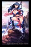  amei_sumeru armor bikini_armor blue_hair breasts cape large_breasts long_hair pink_eyes polearm smile weapon 