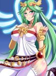  1girl bare_shoulders blush breasts cleavage curvy female goddess green_eyes green_hair hair_ornament jewelry kid_icarus kid_icarus_uprising large_breasts long_hair looking_at_viewer glasses_man nintendo palutena sitting smile solo thigh-highs very_long_hair white_legwear wide_hips 