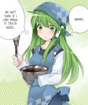  1girl alternate_costume apron blush bowl breasts brooch casual chocolate commentary cooking female frog_hair_ornament green_eyes green_hair hair_ornament hammer_(sunset_beach) hard_translated head_scarf jewelry kochiya_sanae long_hair long_sleeves open_mouth pants skirt snake solo sweatdrop text touhou translated valentine waist_apron whisk 