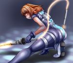  1girl armor ass belt bodysuit boots brown_hair dirge_of_cerberus_final_fantasy_vii energy_sword final_fantasy final_fantasy_vii from_behind gloves glowing glowing_eyes looking_away parted_lips shelke_the_transparent short_hair solo squatting sword thigh_strap tom_(remisaku) weapon yellow_eyes 