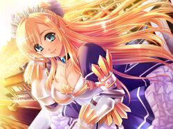  1girl armor asakura_sakura blonde_hair blush breasts cleavage crown dress female game_cg green_eyes hair_ribbon king_arthur_(knight_carnival) knight_carnival large_breasts long_hair looking_at_viewer ribbon sasayuki smile solo standing 