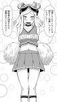  1girl blush boku_no_hero_academia cheerleader choker collarbone crosshair goggles goggles_on_head greyscale hatsume_mei highres looking_at_viewer mamedenchi monochrome navel open_mouth pleated_skirt pom_poms short_hair skirt smile solo symbol-shaped_pupils translation_request 