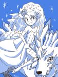  1boy crossdressinging digimon digimon_adventure elbow_gloves flower garurumon gloves hair_flower hair_ornament ishida_yamato smile solo wedding_dress what 