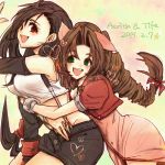  10s 2015 2girls :d aerith_gainsborough black_hair bow brown_hair character_name dated drill_hair earrings final_fantasy final_fantasy_vii green_eyes hair_bow heart hug hug_from_behind jewelry long_hair low-tied_long_hair miniskirt multiple_girls open_mouth ponytail red_eyes skirt smile suspenders tied_hair tifa_lockhart very_long_hair yadoso 