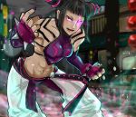  1girl abs black_hair breasts capcom city detached_sleeves female fingerless_gloves gloves han_juri hayame_(m_ayame) highres nail_polish pants pantyhose solo street_fighter street_fighter_iv toned twintails violet_eyes 