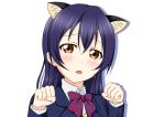  1girl animal_ears blue_hair blush brown_eyes cat_ears long_hair looking_at_viewer love_live! love_live!_school_idol_project open_mouth paw_pose school_uniform solo sonoda_umi yoshino-9 
