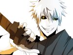  1boy black_nails black_sclera bleach grin looking_at_viewer male_focus nahohumi813 nail_polish pale_skin smile solo white_hair yellow_eyes zangetsu 