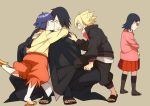  2boys 2girls ahoge black_hair blonde_hair cheek_kiss cloak glasses hug kiss kneeling multiple_boys multiple_girls naruto oba-min purple_hair sandals short_hair toeless_legwear uchiha_sarada uchiha_sasuke uzumaki_boruto uzumaki_himawari whiskers 