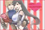  10s 1boy 1girl 2015 :d black_hair blonde_hair blue_eyes candy cloud_strife dated dune_(duneart) earrings elbow_gloves final_fantasy final_fantasy_vii fingerless_gloves gift gloves happy_valentine heart jewelry long_hair looking_at_viewer low-tied_long_hair open_mouth red_eyes smile suspenders tied_hair tifa_lockhart valentine 