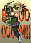 1girl adahcm ass bakugou_katsuki bare_shoulders blonde_hair bodysuit boku_no_hero_academia boots breasts cleavage crazy crazy_eyes crazy_smile elbow_gloves female fire from_behind genderswap gloves grin large_breasts long_hair looking_at_viewer matching_hair/eyes multicolored_hair orange_eyes orange_hair pants ponytail shiny shiny_clothes shiny_skin sideboob smile solo spiky_hair tight_pants 