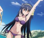  1girl 8-bit_(company) absolute_duo armpits bikini blue_hair blush breasts cleavage hair_ornament large_breasts long_hair looking_at_viewer midriff navel one_arm_up orange_eyes outdoors ribbon screencap sky stitched swimsuit tachibana_tomoe_(absolute_duo) 