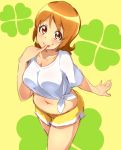  1girl blonde_hair breasts brown_hair cleavage collarbone female happinesscharge_precure! hrgm large_breasts looking_at_viewer navel oomori_yuuko plump precure short_hair solo thighs tongue yellow_eyes 