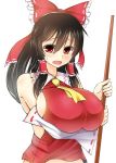  1girl bare_shoulders blush breasts broom brown_hair detached_sleeves facominn fang female hair_ornament hair_ribbon hakurei_reimu highres huge_breasts long_hair open_mouth red_eyes ribbon sideboob solo sweat touhou 