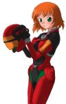  1girl blush bodysuit capcom female green_eyes helmet looking_at_viewer omokane_saki orange_hair quiz_nanairo_dreams short_hair simple_background solo visor 