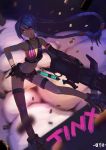  1girl blue_hair boots braid bullet character_name female highres jinx_(league_of_legends) league_of_legends long_hair looking_at_viewer pink_eyes solo twin_braids weapon y_(wuhanyxt) 