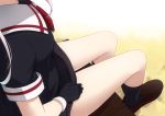  1girl black_legwear black_skirt brown_footwear close-up from_above gloves harusame_(kantai_collection) holding_skirt kantai_collection long_hair ohiya pink_hair pleated_skirt red_ribbon ribbon school_uniform serafuku shoes short_sleeves sitting skirt solo sweat thighs 