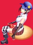  1girl black_hair boots cookie eating elbow_gloves emblem fingerless_gloves food gloves green_eyes looking_at_viewer marie_(persona_4) nabekokoa persona persona_4 persona_4_the_golden plaid plaid_skirt red_background short_hair simple_background sitting skirt sleeveless striped_legwear thigh-highs 