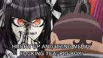  1boy 1girl angry animated animated_gif black_hair brown_hair celestia_ludenberck dangan_ronpa lowres profanity red_eyes subtitled twintails 