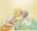  1boy 1girl bandaged_arm bath blonde_hair couple hyuuga_hinata incipient_kiss kumoko_(supermoichan) naruto nude purple_hair side_ponytail uzumaki_naruto water whiskers 