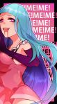  1girl blue_hair breasts dress elbow_gloves gloves heart heart-shaped_pupils heart_eyes long_hair me!me!me! meme_(me!me!me!) pink_eyes saliva symbol-shaped_pupils very_long_hair 