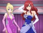 2girls arm_up blonde_hair breasts brown_eyes cleavage cleavage_cutout dress elbow_gloves erza_scarlet fairy_tail gloves hand_on_hip highres jewelry large_breasts long_hair lucy_heartfilia multiple_girls necklace redhead screencap stitched 