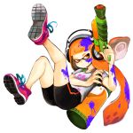  1girl bare_legs clenched_teeth domino_mask female headphones inkling long_hair mask matching_hair/eyes nintendo no_socks orange_eyes orange_hair shoes shorts simple_background sneakers solo splatoon teeth tentacle_hair tied_hair twintails white_background 