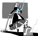  1girl bloody_marie_(skullgirls) female from_behind grey_hair hair_ornament looking_back maid mary_janes red_eyes shoes short_hair skeleton skirt skull_hair_ornament skullgirls solo twintails vacuum_cleaner 