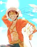  1boy closed_eyes hand_holding hand_on_headwear hat highres male_focus monkey_d_luffy one_piece open_clothes open_shirt scar shirt smile solo straw_hat 