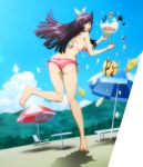  1girl ass back barefoot beach bikini butt_crack fairy_tail feet hairband highres kagura_mikazuchi long_hair looking_back parasol parfait purple_hair screencap side-tie_bikini stitched string_bikini swimsuit toes umbrella yellow_eyes 