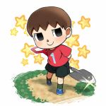  1boy agemono black_eyes blush brown_hair doubutsu_no_mori nintendo short_hair shorts shovel smile solo star super_smash_bros. villager_(doubutsu_no_mori) worktool 