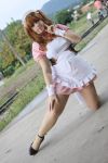  1girl asahina_mikuru cosplay high_heels highres legs maid maid_headdress miniskirt outdoors pantyhose photo skirt solo suzumiya_haruhi_no_yuuutsu tagme thighs waitress 