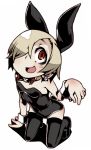  1girl animal_ears ayame_(0419) black_legwear blonde_hair bow bowtie bunny_tail bunnysuit ear_piercing earrings flat_chest hair_over_one_eye idolmaster idolmaster_cinderella_girls jewelry kneeling looking_at_viewer mary_janes piercing rabbit_ears red_eyes shirasaka_koume shoes simple_background skull_earrings sleeve_cuffs tail thigh-highs white_background 