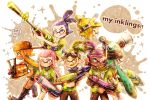  3girls 4boys bangs bike_shorts black_shorts blunt_bangs domino_mask fangs hair_slicked_back harutarou_(orion_3boshi) hero_charger_(splatoon) inkling long_hair mask mini_splatling_(splatoon) multiple_boys multiple_girls octoshot_(splatoon) pointy_ears scrunchie short_hair shorts splatoon splattershot_pro_(splatoon) tentacle_hair topknot 