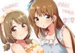  2girls alternate_hairstyle bare_shoulders blush bow brown_eyes brown_hair character_name closed_mouth collarbone commentary_request cowboy_shot eyebrows eyebrows_visible_through_hair green_eyes hair_bow highres idolmaster idolmaster_cinderella_girls kohanu long_hair looking_at_viewer low_twintails makihara_shiho mimura_kanako multiple_girls off_shoulder smile twintails upper_body 