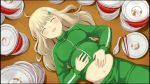  1girl belly_rub big_belly blonde_hair breasts food game large_breasts lying screencap senran_kagura senran_kagura_(bon_appetit) stomach_bulge yomi_(senran_kagura) 