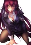  1girl breasts cleavage fate/grand_order fate_(series) formal highres jewelry large_breasts long_hair looking_at_viewer mia_(gute-nacht-07) necklace office_lady pantyhose pencil_skirt purple_hair red_eyes scathach_(fate/grand_order) simple_background skirt skirt_suit smile solo suit white_background 