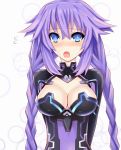  1girl blue_eyes braid breasts choujigen_game_neptune highres leotard neptune_(choujigen_game_neptune) neptune_(series) purple_hair purple_heart twin_braids 