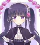  1girl absolute_duo black_dress black_hair bow dress flower hair_bow headdress rose sakuya_tsukumo solo twintails violet_eyes 