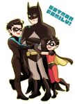  3boys batman batman_(series) black_hair bodysuit boots brothers bruce_wayne cape crossed_arms dc_comics dcau dick_grayson domino_mask family father_and_son hug male_focus mask multiple_boys nightwing robin_(dc) siblings tim_drake 