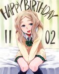  1girl :d bangs black_legwear blue_eyes blurry blush bow bowtie brown_hair chibikko_(morihito) collared_shirt depth_of_field dress_shirt english eyebrows green_bow green_bowtie green_skirt happy_birthday head_tilt kneehighs knees_together_feet_apart leaning_forward long_hair looking_at_viewer morihito number open_mouth original parted_bangs plaid plaid_skirt pleated_skirt school_uniform shirt sitting skirt sleeves_past_wrists smile solo striped striped_bow striped_bowtie sweater thick_eyebrows v_arms vertical-striped_background vertical_stripes white_shirt wing_collar 