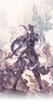  1girl arm_guards armor artist_request black_legwear blue_eyes boots braid breastplate feathers full_body helmet highres holding holding_sword holding_weapon lenneth_valkyrie long_hair looking_at_viewer official_art outdoors shoulder_pads single_braid skirt solo sword thigh-highs valkyrie_profile valkyrie_profile_anatomia very_long_hair weapon white_feathers 