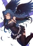  1girl ;p black_dress black_feathers black_gloves black_legwear black_wings blue_hair dress gloves hair_bun long_hair love_live! love_live!_sunshine!! one_eye_closed smile solo thigh-highs tongue tongue_out tsushima_yoshiko v violet_eyes vococo wings zettai_ryouiki 