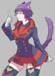  1girl animal_ears blurry boots cat_ears cat_tail depth_of_field facial_mark final_fantasy final_fantasy_xiv glasses gloves highres imdsound jewelry miqo&#039;te purple_hair ring short_hair simple_background slit_pupils solo tail thigh-highs thigh_boots yellow_eyes 