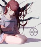  1girl bow brown_hair closed_eyes crying hair_bow hair_ribbon hews_hack highres logo long_hair ribbon rin_(shelter) shelter_(music_video) sitting solo tablet_pc tears yokozuwari 