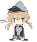  1girl anchor_hair_ornament arm_support blonde_hair blue_eyes blue_hair blush_stickers chibi crying crying_with_eyes_open gloves hair_ornament hard_translated hat kantai_collection long_sleeves looking_at_viewer microskirt military military_uniform mozuya_murasaki peaked_cap prinz_eugen_(kantai_collection) short_twintails simple_background sitting skirt tears thigh-highs translated twintails uniform wariza white_background white_gloves 